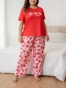 Plus Size Casual Comfortable Heart Print Short Sleeve Red Full Heart Print Pants Women's Loungewear 2 Pieces Set Pajamas - Red - View 1