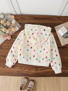 Young Girls' Autumn/Winter Cute Sweet Fuzzy Thermal Lined Warm Jacket, Colorful Polka Dot Front Zipper Design Hooded Coat, Skin-Friendly Soft - Apricot - View 2