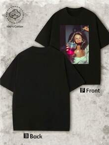 T-shirt estiva a maniche corte da donna, maglietta ampia taglie forti, tessuto in maglia di cotone, stile urbano moderno - nero - Visualizzare 3