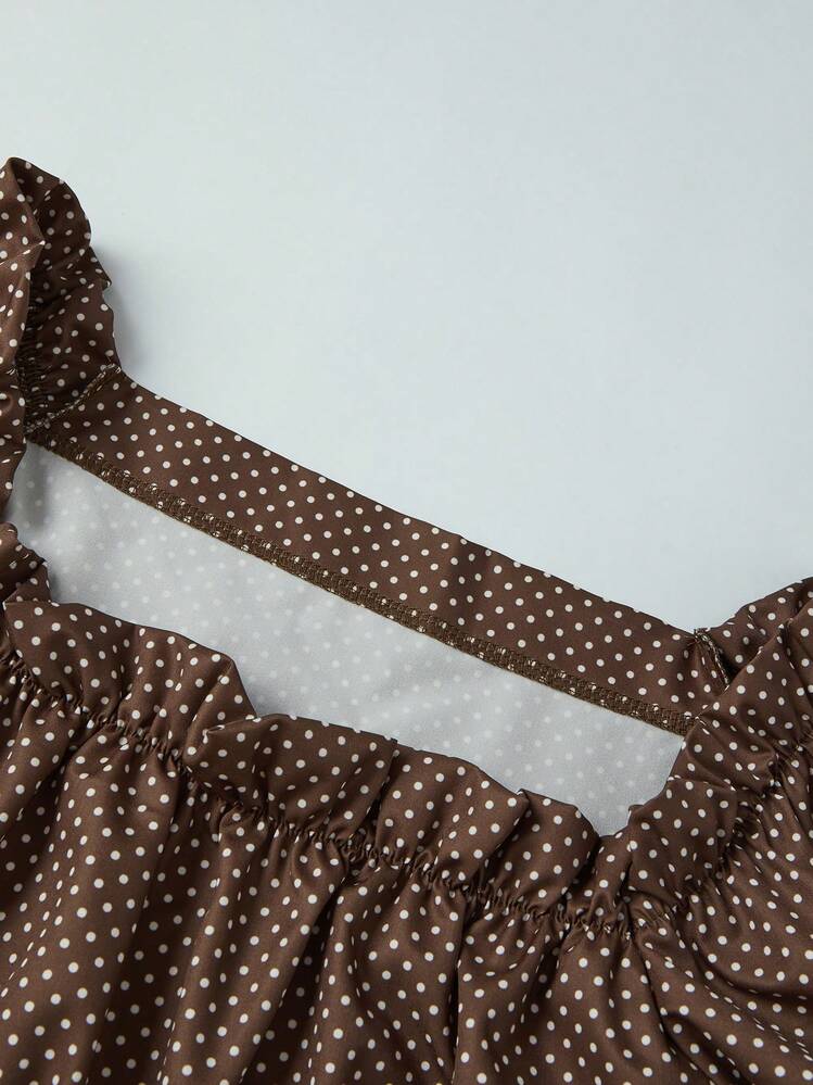 Women Summer Blouses Casual Stylish Dotted Pattern Ruffled Trim Slim Fit Shirts Square Neck Bubble Short Sleeve Tops - Marrón - Añade 6