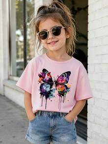Young Girls Ink Butterfly Print Round Neck Short Sleeve T-Shirt - Pink - View 1