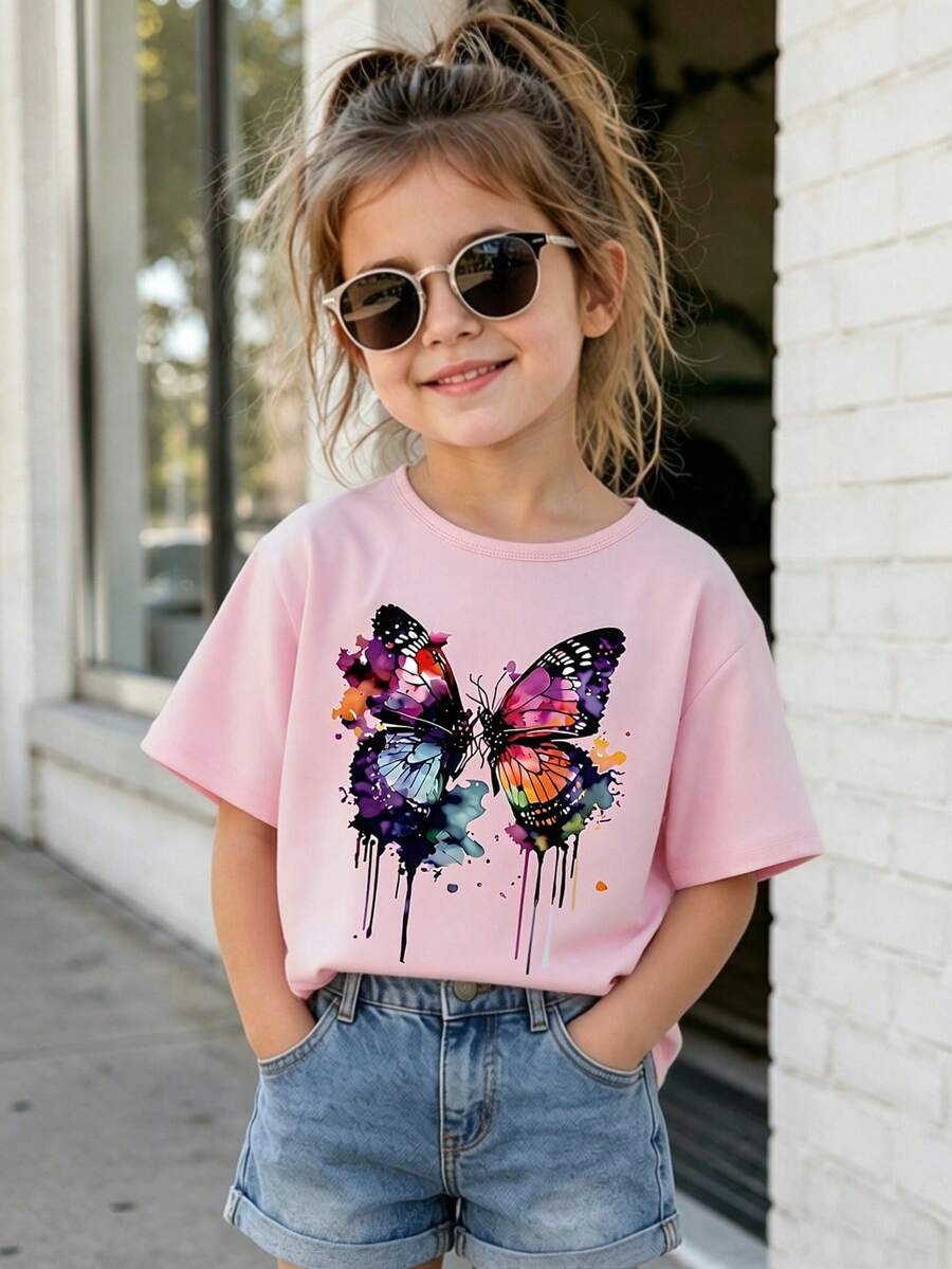 Young Girls Ink Butterfly Print Round Neck Short Sleeve T-Shirt - Pink - View 1