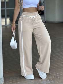 Vaiaye Women's High Waist Drawstring Striped Wide Leg Pants, Solid Khaki Color Loose Casual Long Pants, Comfortable And Soft, Suitable For Gym Fitness And Daily Street Wear - Light Khaki - View 2