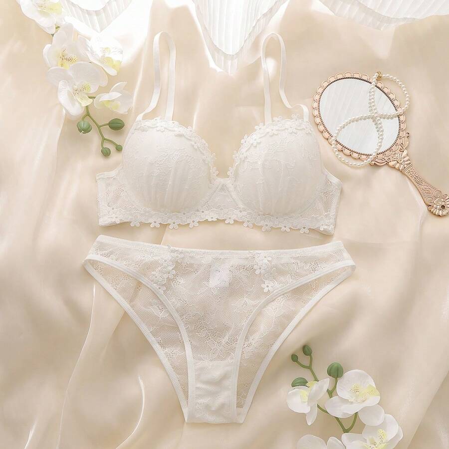 DelicateAllure 2pcs Lace Patchwork Bra Set With Steel Rings, High Support, Lift And Gather, Romantic Floral Design,Underwear Set Panty And Bra Set For Women Sets Brief - White - View 1