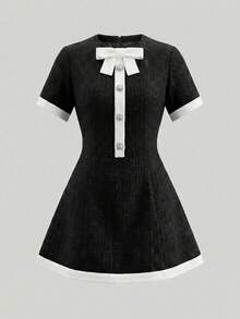 Elegant French Retro Party Holiday Wedding Formal Date Short Sleeve Round Neck Cropped Dress Black Summer - Black - View 5
