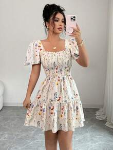Vestido mini de línea A con cuello cuadrado y mangas acampanadas, elegante para el verano - Rosado Sandía - Ver 1
