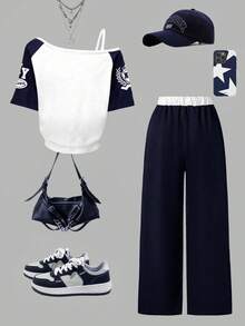 Youth Girl Numeric Print Oblique Shoulder Short Sleeve Top And Pants Set - Royal Blue - View 2