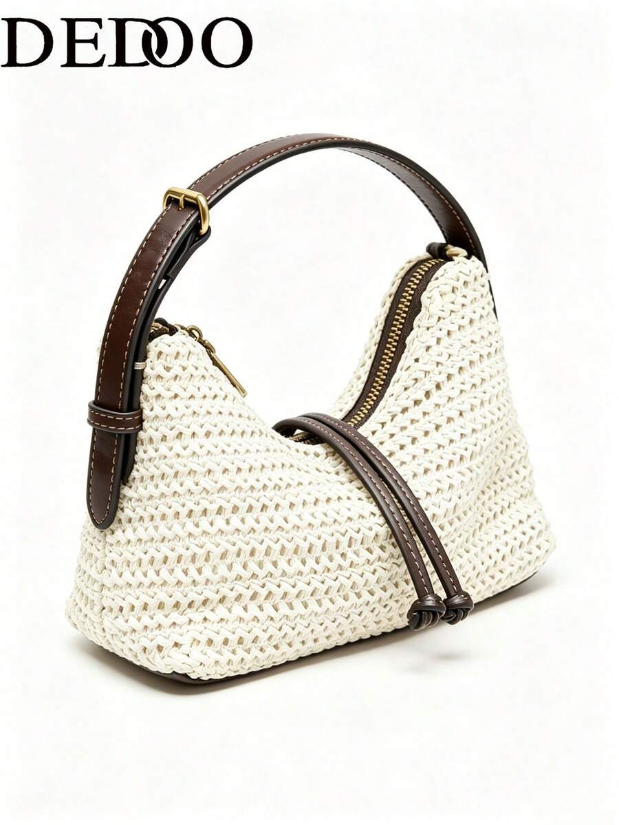 Dedoo Woven Handbag, Solid Color Pattern, Drawstring Design, Lightweight Large Capacity Bag, Bohemian Vacation Style, Beach Travel Summer Women's