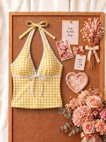 Set Bikini Model Halter Neck Motif Kotak-kotak Kuning & Putih Terbaru untuk Musim Panas, Manis dan Imut, Cocok untuk Liburan Pantai Santai - MultiWarna - View 3