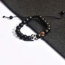 1pc Men's Football Beaded Bracelet, Black Matte Tiger Eye Stone Bracelet, Black Matte Beaded Football Theme Bracelet With Tiger Eye Stone Accents, Simple Adjustable Braided Rope Design, Personalized Versatile Sports Style Accessory - Multicolor - View 6