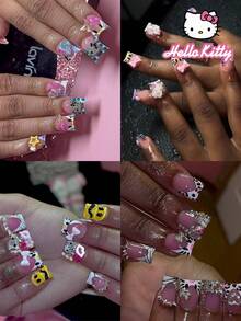 Sanrio Hello Kitty 96片（4款混色）Y2K短方型法式美甲貼片，3D可愛Hello Kitty星星、愛心、花朵與水鑽設計，含1片果凍膠與1個指甲锉，適合女孩日常與派對美甲使用 - 彩色 - 查看 3