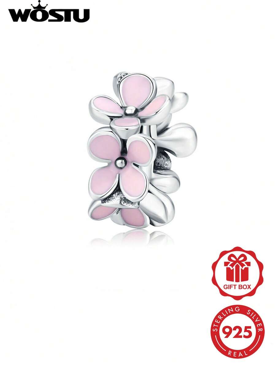 WOSTU 925 Sterling Silver Flower Charm Bead Enamel For Women Anniversary Birthday Gift For Her Engagement Daily Wear Hypoallergenic Nickel Free Vintage 1PC