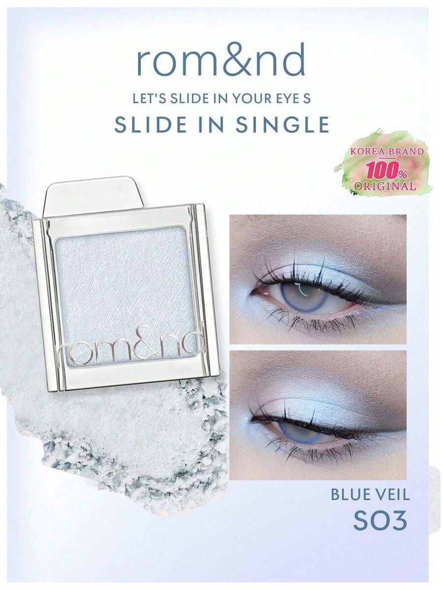 Rom&nd Romand Slide In 純色眼影 S03 BLUE VEIL，絲滑易暈染粉質，透明自然妝感，持久不掉粉，便攜式滑蓋盒適合旅行，適合初學者日常使用，韓系美妝，Olive Young，禮物，1.8g/0.06oz