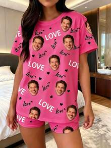 女款客製化人臉與文字睡衣套裝，白色，附個性化人臉、LOVE與愛心印花，柔軟面料，休閒風格，情侶禮物 - 玫紅色 - 查看 2