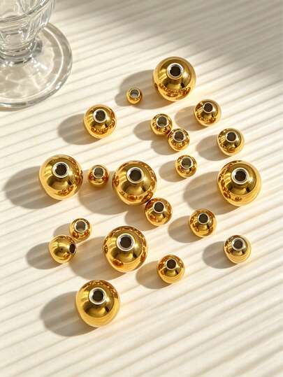50Pcs Stainless Steel 18K Gold Plated Straight Hole Round Spacer Beads, DIY Beading Accessories For Bracelet & Necklace Jewelry Making
