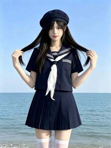 Kawaii 校園風水手領 Cosplay 制服，純海軍藍配蝴蝶結與百褶裙，3 件式 JK 水手服秋季款 - 藏青色 - 查看 2