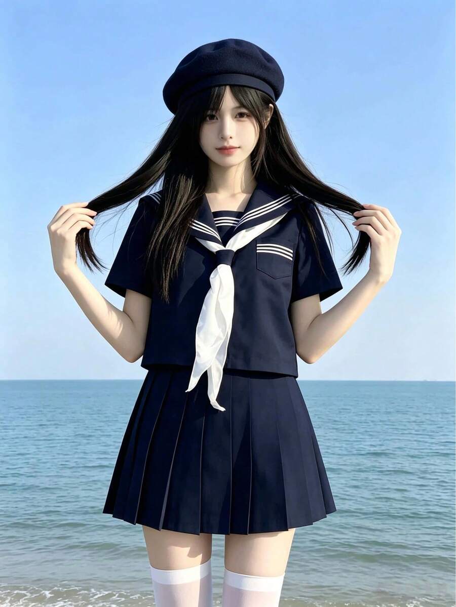 Kawaii 校園風水手領 Cosplay 制服，純海軍藍配蝴蝶結與百褶裙，3 件式 JK 水手服秋季款