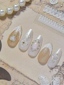 Autocollants pour ongles d'été avec motif de dentelle vintage baroque en relief, décoration d'ongles minimaliste avec cœur français et gemme - Multicolore - Voir 9