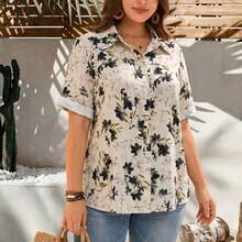Summer Printed Casual Vacation Minimalist Plus Size Women's Shirt Black - Black - View 4