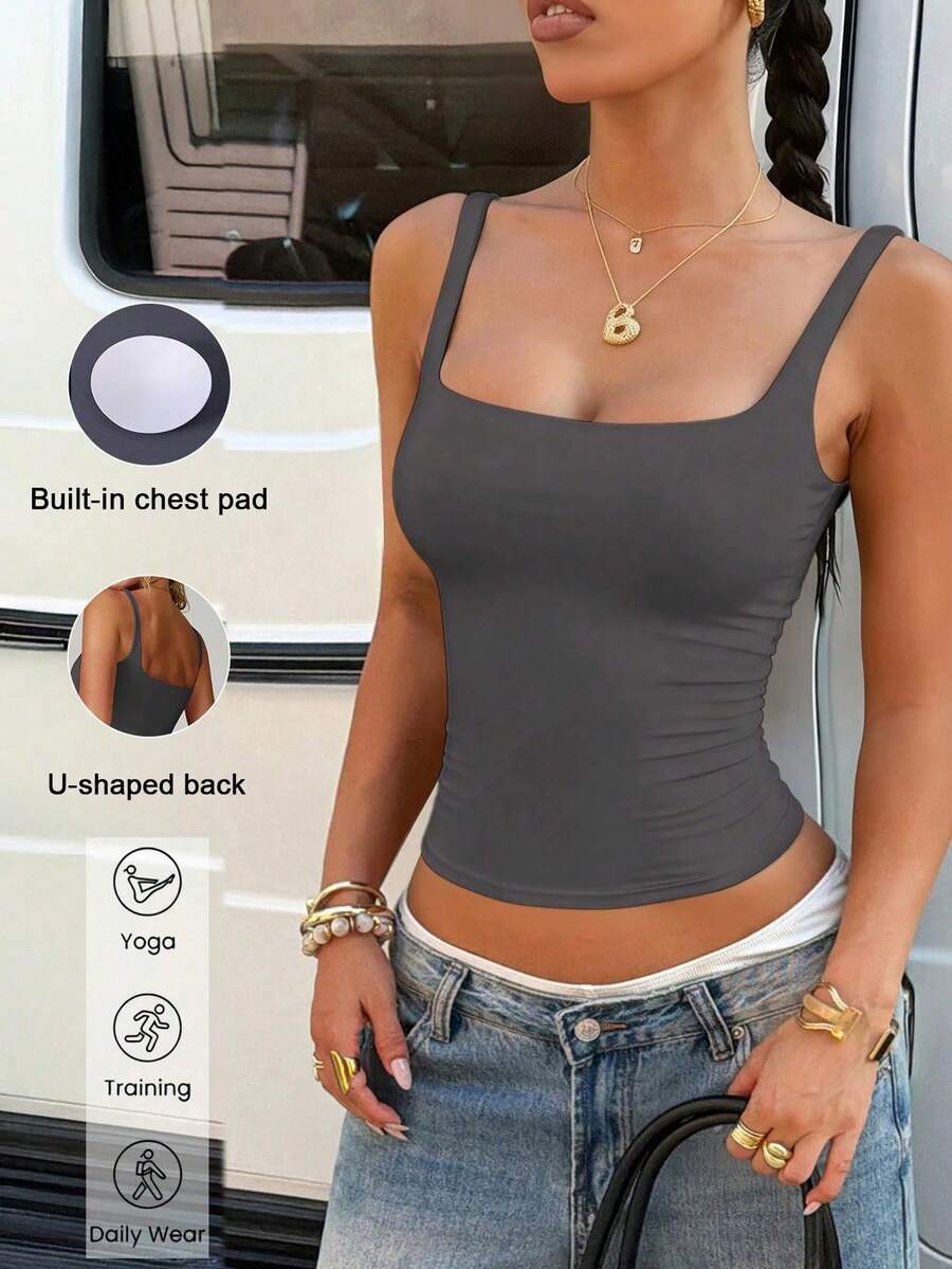 Luster Bright Damen graues Sport-Tanktop mit gepolsterten Cups, quadratischer Ausschnitt, schmale Passform, lässiger Stil, geeignet für Training, Laufen, Yoga, Pilates, Alltag und Fitnessstudio