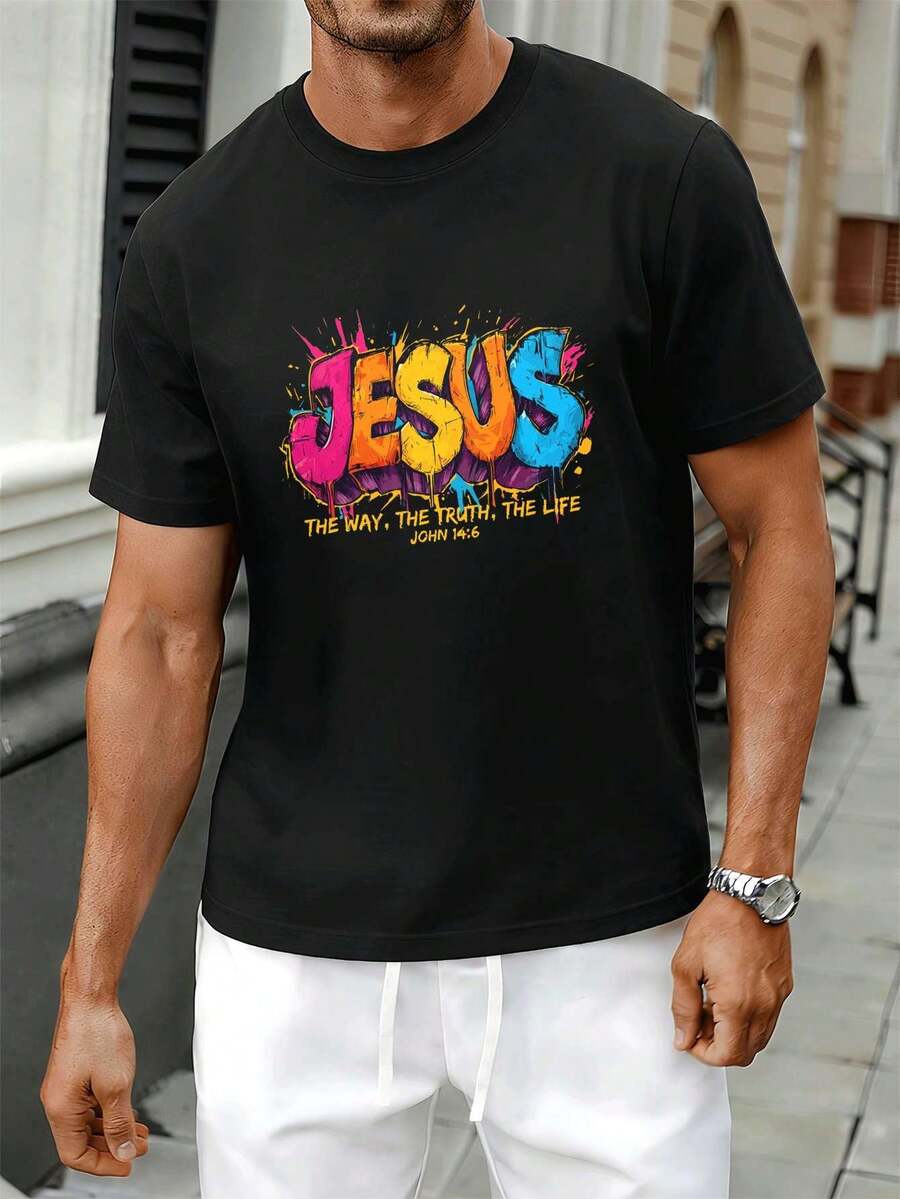 Schwarzes Herren-T-Shirt Mit Jesus-Print, Herbst, 100 % Baumwolle, Lockere Passform, Atmungsaktiv, L?Ssig, Auff?Lliger Print - Black - View 1