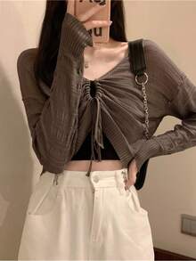 夏の婦人服コーナー：夏の韓国ファッション婦人服、ショート丈の日焼け止めカバーアップ、女性用夏物フレンチスタイルキャミソール、セクシーな薄手のトップス、音楽フェスティバル向けドーパミンカラーの新作万能スイート＆スパイシーなトップス - ブラウン(一枚) - チェックする 2
