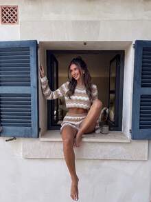 Senya Striped Crochet Knit Crop Top & High Waist Shorts 2 Pieces Set Women's Outfit, Suitable For Vacation Wear, Travel Wear, Beach Cover-Up - Khaki - View 7