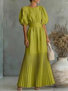 Women's Elegant Summer/Autumn Pleated Dress, Solid Autumn Yellow, Short Petal Sleeve With Pockets, Suitable For Holiday, Party, Wedding Guest, Outing - Lime Green - View 6