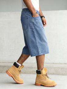 Men's Loose Fit Denim Shorts, Light Blue Washed Mid-Length Denim Shorts, Casual Street Style Loose Fit Denim Shorts - Light Wash - View 2