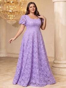 Vestido formal elegante de cuello cuadrado, mangas de farol, falda completa, color púrpura pálido favorecedor para la piel, con bordado pesado - Púrpura malva - Ver 3