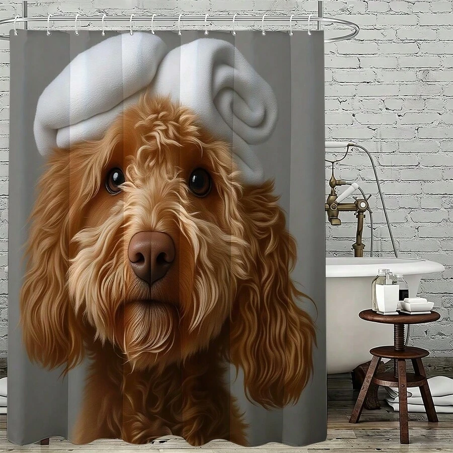 1件動物印花浴簾,趣味毛巾頭狗狗圖案,防水可機洗聚酯纖維浴室裝飾配件,附12個掛鉤 - 查看 1