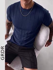 Suéter casual de punto acanalado de cuello redondo de manga corta de unicolor para hombres GRDR - Azul Marino - Ver 6