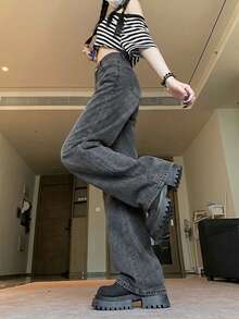 Vintage Denim Jeans For Women, Design Pockets, Loose Fit, Flattering, Straight Leg Casual - Grey - View 2
