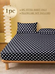 1pc Minimalist Black & White Heart Pattern Fitted Sheet, Modern Fashion Mattress Protector, Soft & Breathable, -Twin, Full, Queen, King, Deep Pocket Design Up To 11.8 Inches, Machine Washable. Back To School, Dorm Essentials - Black and White - View 2