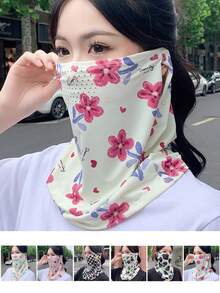 1 chiếc khẩu trang chống nắng mặt cho nữ dùng ngoài trời, lụa băng thoáng khí, họa tiết hoa tươi, đa năng cho đạp xe - Nhiều màu - Xem 1