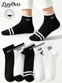 5 Pairs Men's Cotton Socks, Short Socks, Men's Socks, Cute Socks, Autumn/Winter/Spring/Summer Socks, Breathable Details, Moisture-Wicking, Soft And Smooth, Suitable For Various Holidays, Sports, Casual, Business And Other Daily Wear, All Seasons Wear, Random Color Combination. - Multicolor - View 2