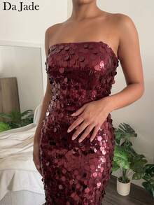 Robe longue sirène élégante pour femme, rouge bordeaux à sequins, bretelles spaghetti, encolure droite, coupe slim, robe de soirée adaptée pour dîner et invitée de mariage - Rouge foncé - Voir 6