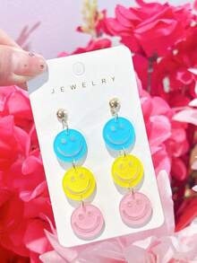 1 Pair Of Back-To-School Acrylic Smiling Face Stud Earrings, Bright And Contrasting Colored Party Earrings - Multicolor - View 2