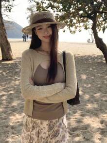 2026 Spring/Summer New Style: Khaki Rear Split Hollow-Out Knitted Cardigan, Slouchy Loose Short Blouse, Textured Elegant Casual Style, Perfect For Vacation, Music Festivals, And Dating Outfits - Khaki - View 3