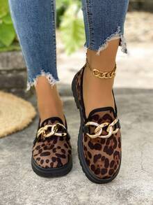 Leopard Print Design Thick Sole Women's Buckle Lightweight Flat Slip-On Shoes Anti-Slip Versatile Outdoor Shoes - Brown - View 3