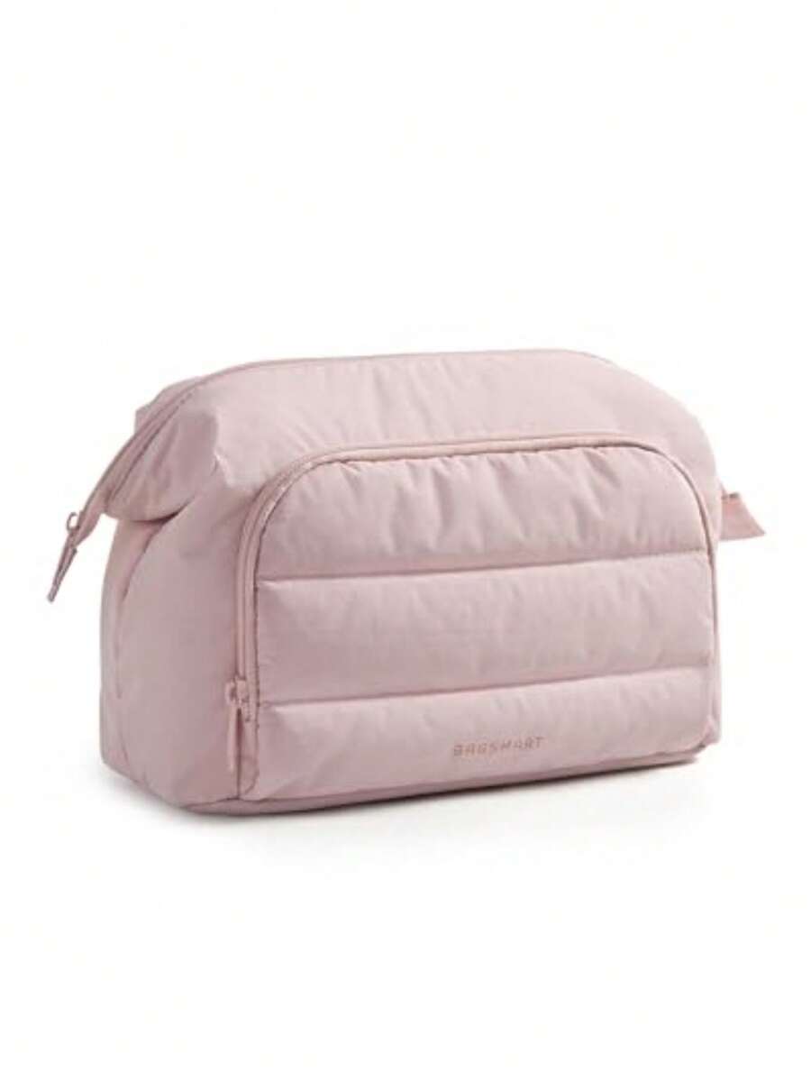 - Bolsa de maquillaje de viaje, bolsa de cosméticos, organizador de maquillaje, bolsa grande abierta para mujer, bolso para artículos de cambiador, accesorios, cepillos - 02-1 Capa - Rosa - Ver 1