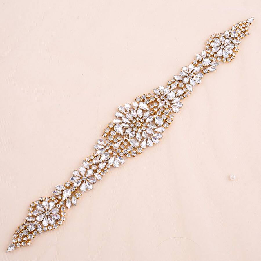 1pc Handmade Rhinestone Bridal Belt Women's Rhinestone Wedding Dress Accessory - Gold Applique - View 1