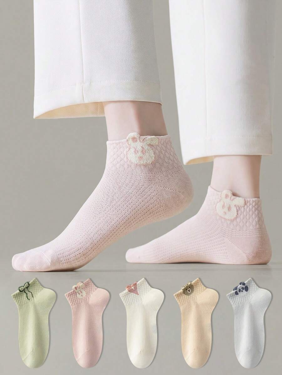 ZUJO 5 Pairs Women's Short Socks, Patterns Include Heart, Bow, Bear, Rabbit, Panda, Suitable For All Seasons, Minimalist & Comfortable - Multicolor - View 1
