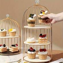 2/1-vånings guldfärgat fågelbursställ för cupcakes, elegant vintage dessertbricka, förvaringsställ för parfym, mittpunkt för eftermiddagste - Multifärgad - Visa 2
