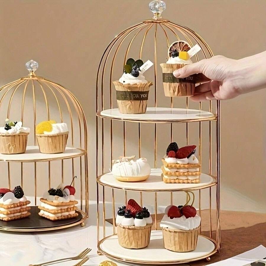 2/1-vånings guldfärgat fågelbursställ för cupcakes, elegant vintage dessertbricka, förvaringsställ för parfym, mittpunkt för eftermiddagste