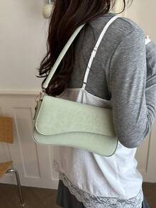 1pc Solid Color Fashion Leopard Print Asymmetrical Flap Retro Minimalist Elegant Shoulder Underarm Bag - Mint Green - View 2