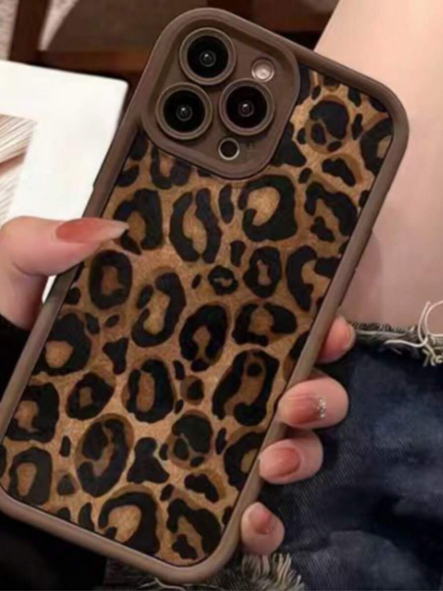 1pc Gold Leopard Print Personalized Minimalist Fashion Ins Style European And American Girls Chocolate Coffee Matte Brown Lens Frame Step Design Full Coverage Shockproof Soft Shell Phone Case, Compatible With OPPO/Honor/Apple/Transsion/ - Brown Leopard Print - View 1