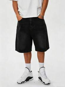 Vintage Distressed Grey Loose Straight Leg 5-Inch Denim Shorts For Men - Black - View 3