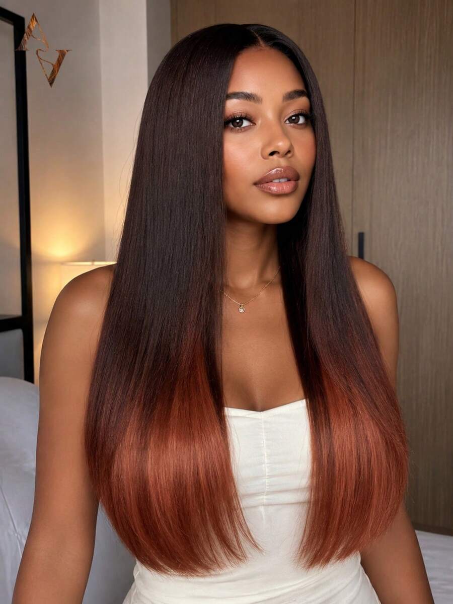 ARABELLA 女用免膠 6x5 透明蕾絲前假髮，栗色漸層，絲滑直髮，100% 真人髮，預剪蕾絲，隱形髮結，預漂色預拔髮際線，180% 密度，20 英吋