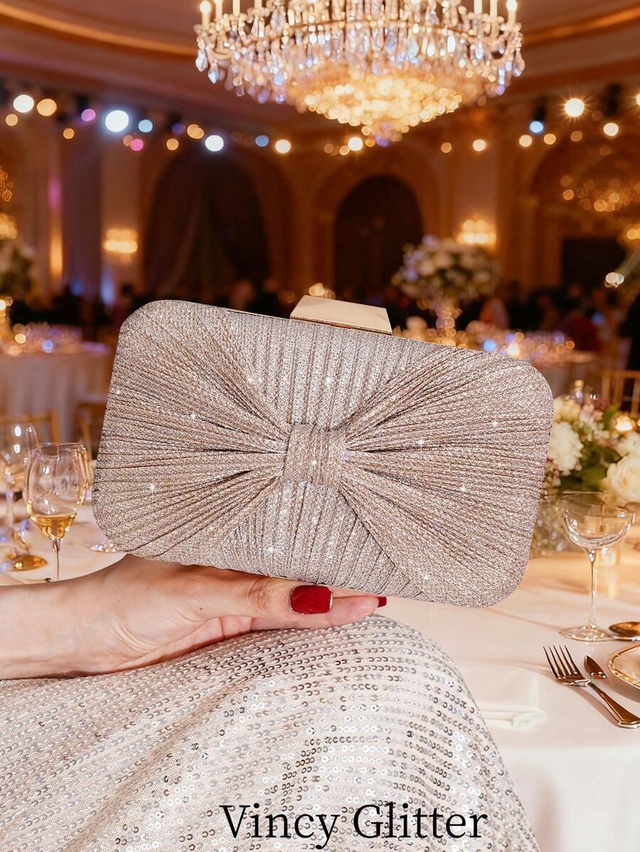 Sparkly Bow Decor Evening Clutch Bag Pleated Handbag Party Bag Shoulder Crossbody Chain Bag Women's Bag Elegant Fashion Versatile Evening Bag For Gowns And Formal Wear For Parties And Gatherings - Champagne - View 1